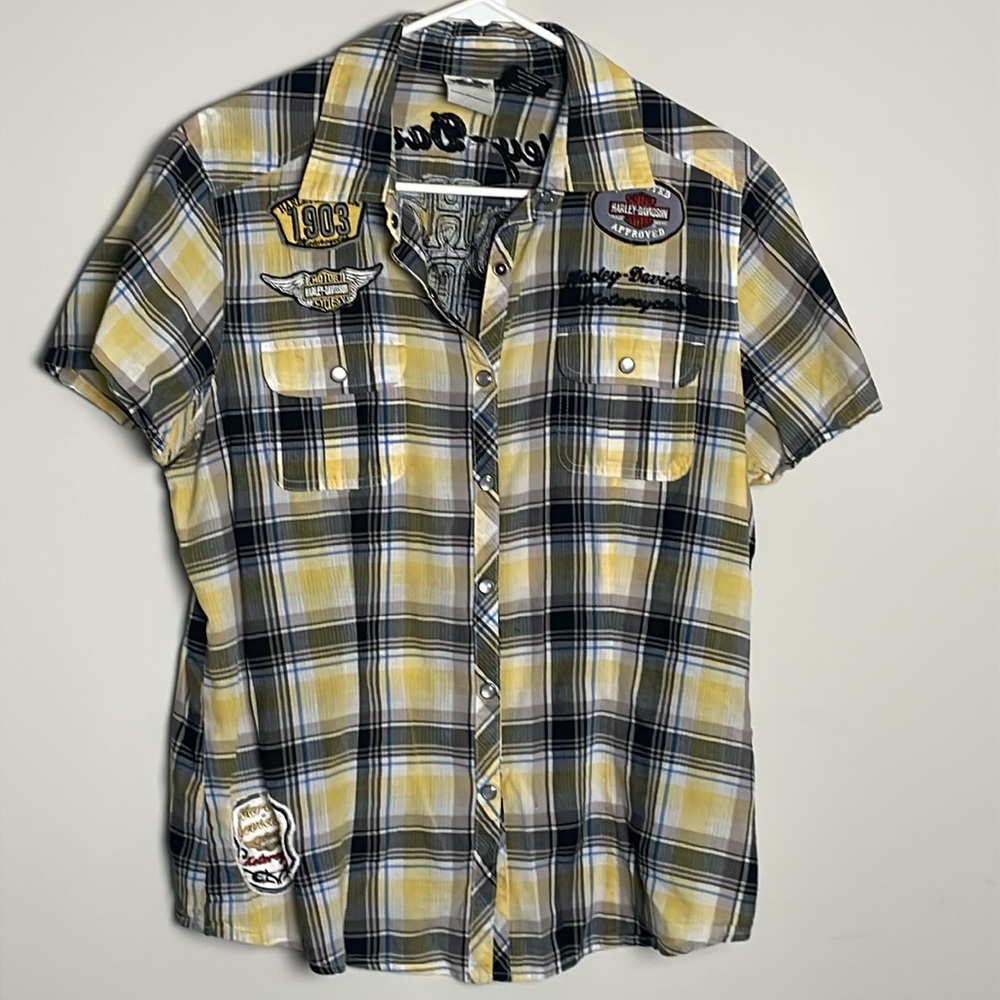 Harley-Davidson Snap Button Down Short Sleeve Top- Black, Yellow,White Plaid- L